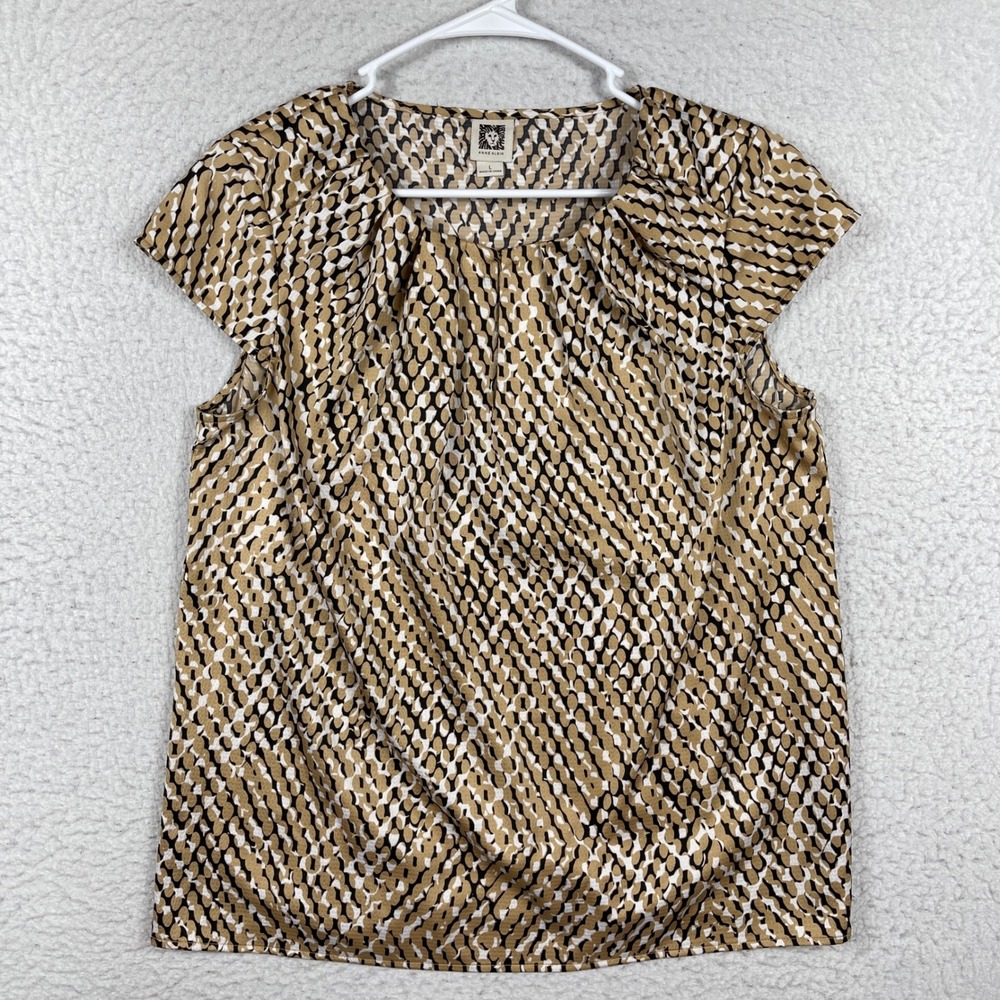 Anne Klein Blouse Womens Large Tan Black Abstract Animal Print Pleat Cap Sleeve